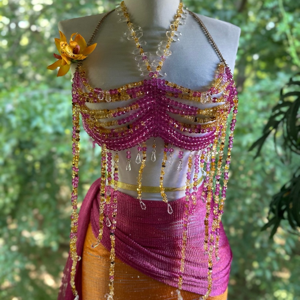 Pink & Gold Beaded Fringe Halter Top – Handmade Festival Statement Piece